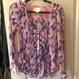Maeve pink/blue silk blouse w ruffle detail